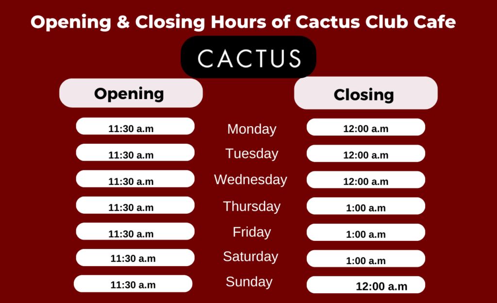 opening and closing hours of Cactus Club Cafe Canada