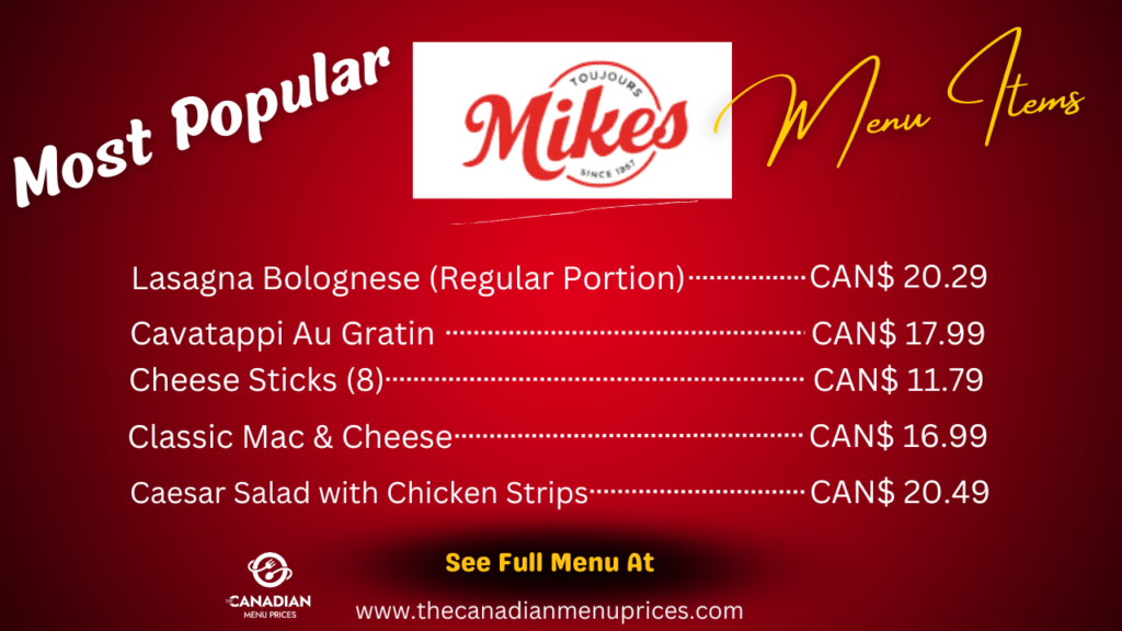 Most Popular Menu Items at Toujours Mikes Canada